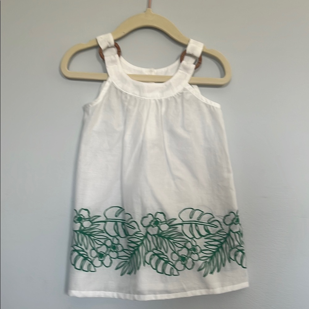 Girl Janie and Jack , Elegant White Dress with Green Embroidery